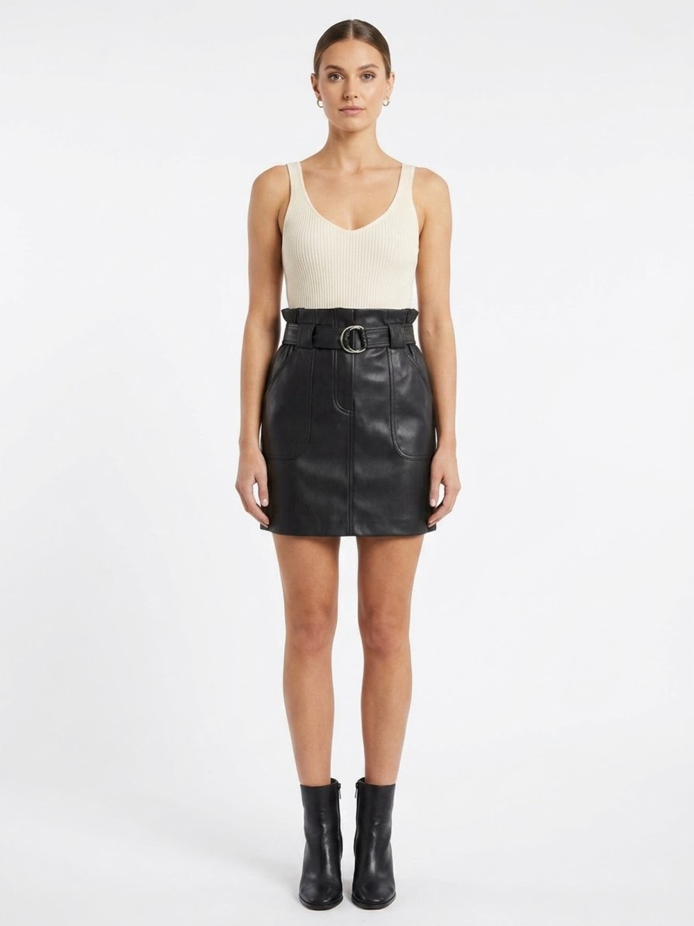 DO+BE Black Faux Leather Paperbag Waist Mini Skirt w/ Belt Size Small